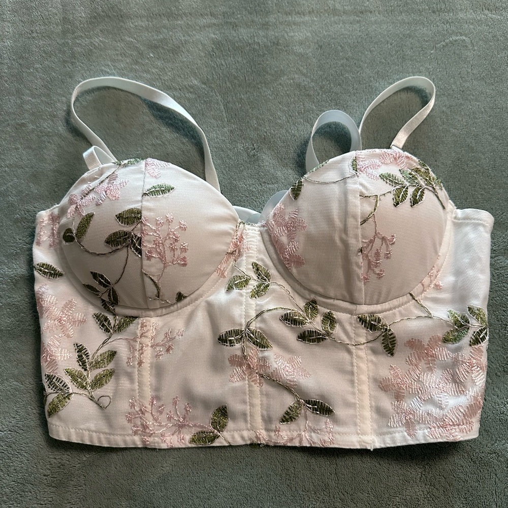 Shein small crop top, white with green and pink floral embroidery.